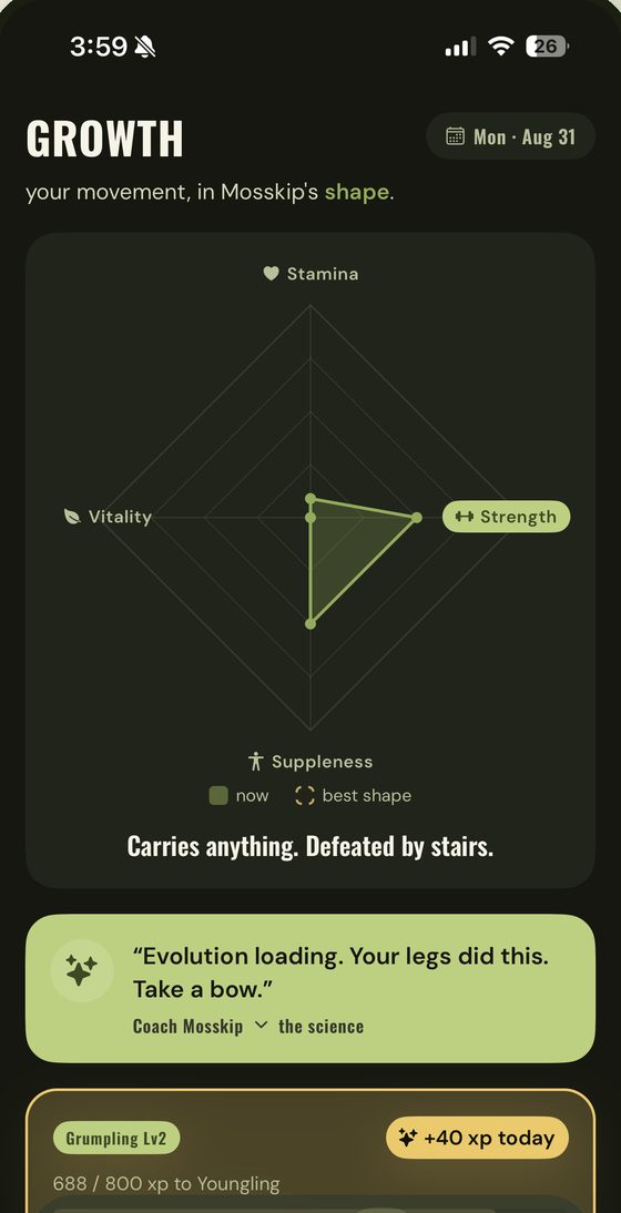 The Growth screen, plotting Mosskip's shape across stamina, strength, vitality and suppleness.