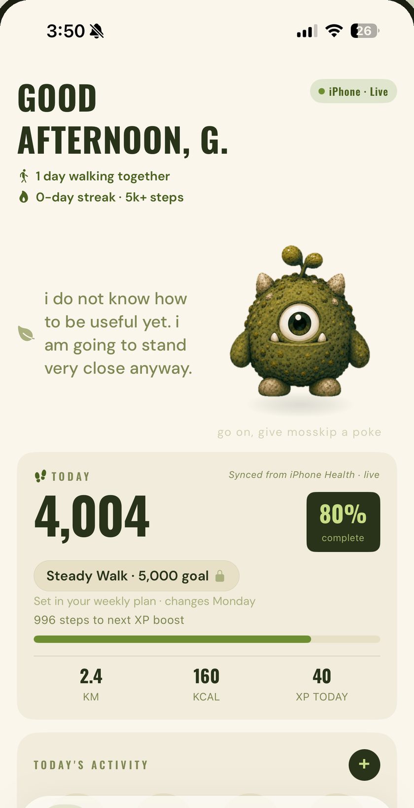 Grumble's home screen: a greeting, Mosskip saying he does not know how to be useful yet, and today's step count.