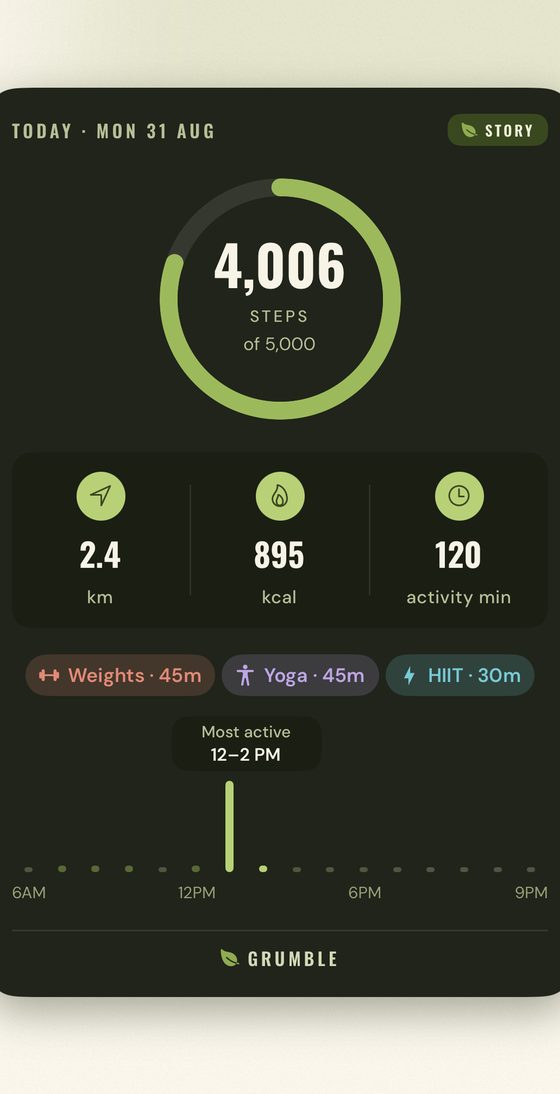 Today's story: a ring showing steps against the goal, with the day's activity below.
